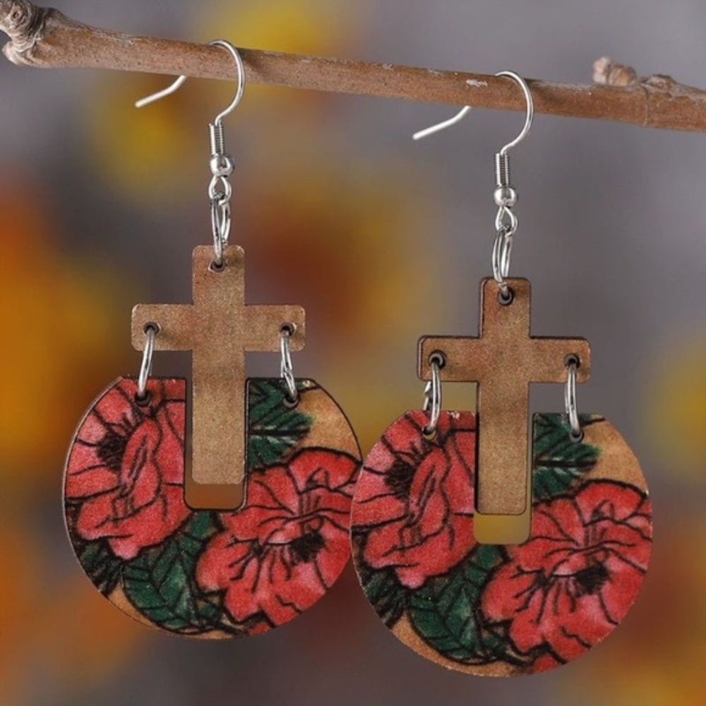 Wood‎ Cross Womens Earrings Brown Floral